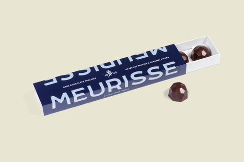 Pure chocoladepralines met hazelnootpraliné en karamel